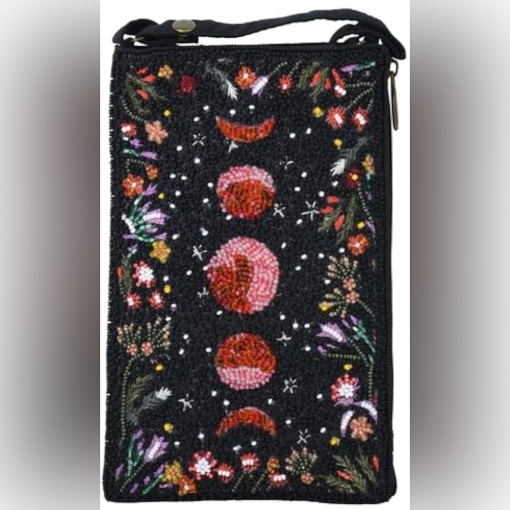 Bamboo Trading Company Black Beaded Floral & Celestial Club Bag